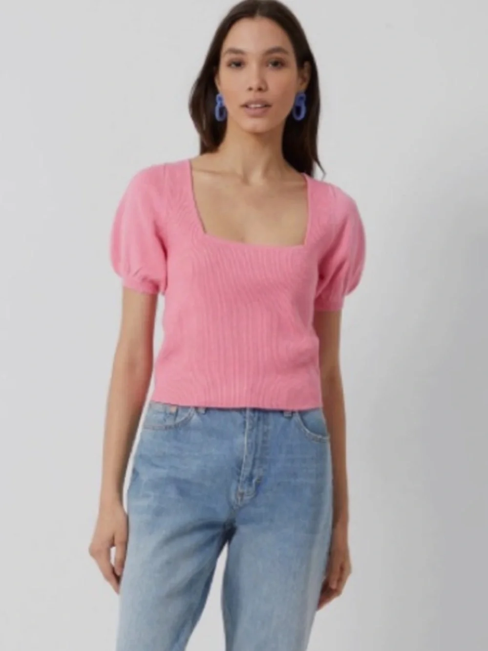French Connection Jaida Pink Square Neck Short Sleeve Sweater NWT Large Wool - Picture 1 of 7
